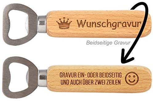 Flaschenöffner mit beidseitiger Gravur – Holzgriff mit Wunschtext & Motiv – personalisierter Edelstahl-Öffner – gravierter Holz-Flaschenöffner als Geschenk für Männer & Küche