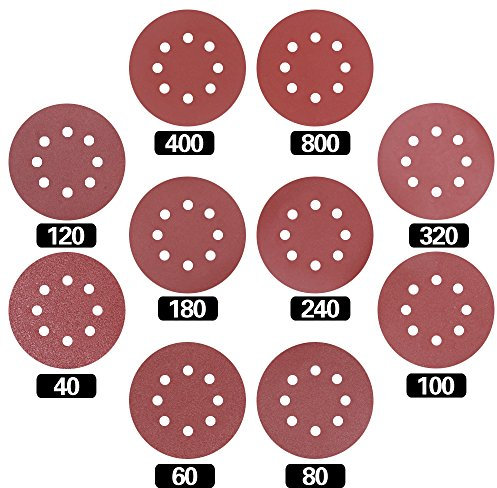 Swpeet 60 Pcs 10 Sizes 5 Inch 8 Hole Sanding Discs Sandpaper Hook and Loop Pads for Circular Sander Grits Sanding Sheets 10 Sizes - 40/60 / 80/100/ 120/180 / 240/320 / 400/800 Grits