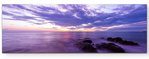 Paul Sinus Art Leinwandbilder | Bilder Leinwand 150x50cm Violette Meerlandschaft mit Felsen