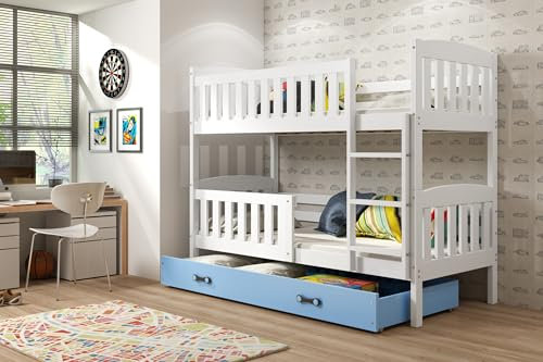 Interbeds Etagenbett Hochbett QUBA 90x200cm aus Kiefernholz, Farbe: WEIß ; Kinderbett mit Matratzen und Lattenroste (weiß + Blaue Schublade)
