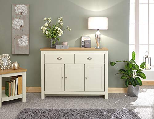 Home Source Large Sideboard Storage Unit with Metal Handles Oak Effect Finish Top, Cream, 2 Drawer 3 Door, LANLSBCRM