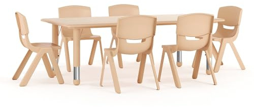 Flash Furniture Emmy Adjustable Classroom Activity Table with 6 Stackable Chairs, Plastic Activity Table for Kids, 23.625 W x 47.25 L, Natural