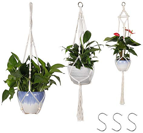 MengH-SHOP Suspension Plante Macramé Suspendu Corde de Coton Plante Hangers avec Crochets pour Maison Balcon Jardin Décoration Blanc 3 Pack
