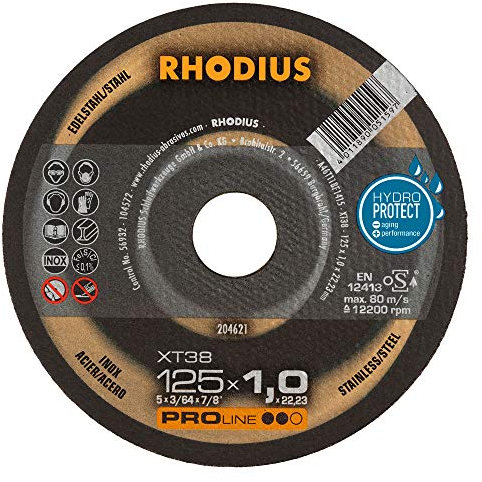 RHODIUS XT38 | 25 Stück Ø 125 mm x 1,0 mm | Trennscheibe Metall | Made in Germany | für Winkelschleifer, INOX, Edelstahl, Stahl