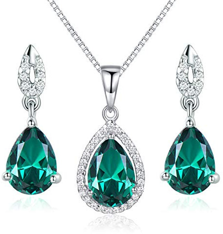 Smaragd Tropfen Schmuckset 925 Sterling Silber Damen Kette Ohrring Halskette Anhänger Ohrstecker Geschenk Verpackung 40+5CM Kettenlänge Geschenke für Party/Jahrestag/Geburtstag