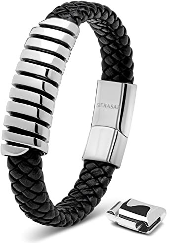 SERASAR Armbänder Herren Silber 23cm Männer Armband Leder Armreif Lederband Herrenarmreif Armschmuck Schmuck Flecht Wickelarmband Kette Leather Bracelet