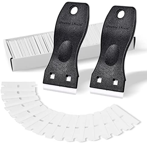 FOSHIO 2 schwarze Kunststoff-Klingen und 100 weiße Kunststoffklingen für Dichtungsentferner, Aufkleberentferner, Etiketten-Aufkleber und Klebstoffentferner für Fenster und Glas.