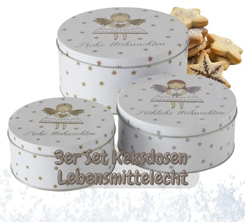CasaJame 3er Set Metall Keksdose, Rund, Frohe Weihnachten mit Engel-Motiv und goldenen & silbernen Sternen, Sortiert, H6-9cm