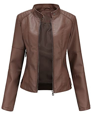 Giacca biker donna, taglia 20/18/16, donna PU pelle slim fit giacca, sottile biker giacca, breve cappotto per autunno primavera (colore: caffè, taglia: XL)