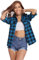 Totatuit Women Checked Top Casual Long Sleeve Button Down Flannel Ladies Plaid Blouse Shirt V Neck with Pocket Blue
