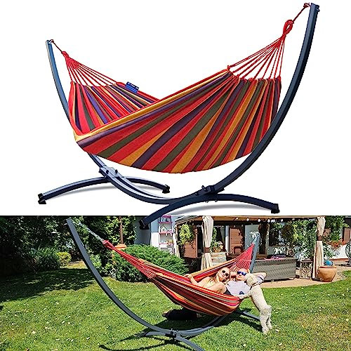 Potenza Outdoor Hängematte mit Gestell für 2 Personen I Baumwolle Doppelhängematte XXL 220x160, 200kg I Hängemattengestell 220kg, wetterfest (Rot, Basic Gestell Graphit)