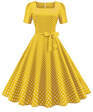 Yming Damen Cocktail Tea Party Kleid Elegant A-Linie Ballkleider Audrey Hepburn Swingkleid Gelb L