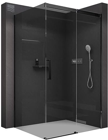 BERNSTEIN Duschkabine mit Schiebetür Eckdusche DX906 FLEX Schwarz matt - Dusche Schiebetür x Breite: 110x90cm Graues Duschglas aus 8mm ESG Klarglas mit NANO-Beschichtung
