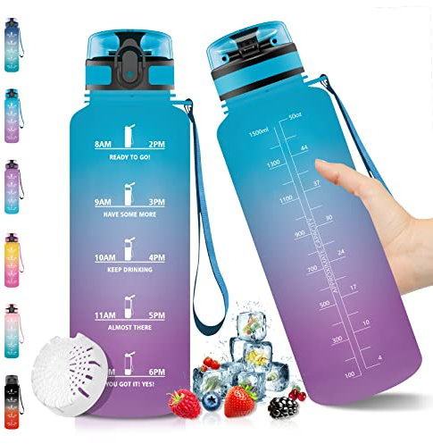 Bouteille d'eau, Gourde de sport en Tritan 1,5 litre BPA free, 1500ml Gourde Sport, Étanche & Réutilisable, avec Filtre et Marqueur de Temps, Bouteille de sport pour vélo, Gym, enfants, sport