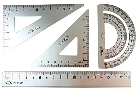 Set di 4 righelli in acciaio per studenti, per matematica, geometria, 2 righelli triangolari, 1 goniometro e 1 righello dritto per disegnatori, studenti, ingegneri, progettazione, esame, matematica o