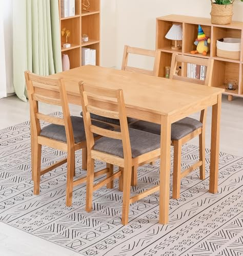 Hallowood Furniture Waverly Oak Dining Table and Chairs Set 4, 120 x 70cm | 120x70cm Rectangular Solid Oak Kitchen Table and Chairs with Ladder Back and Grey Fabric Padded Seats for Home and Café