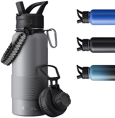 Exllena 1 Litre Water Bottle with Two Lids, Stainless Steel Water Bottle Double Insulated with Silicone Sleeve and Paracord Handle Practical - Grey