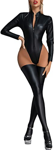 FEOYA Damen Wetlook Jumpsuit mit Reißverschluss Sexy Damen Latex Catsuit Wetlook Bodysuit Dessous Langarm Bodysuit Frauen Stage Party Clubwear Leder-Look Body Catsuit glänzend Overall Dessous