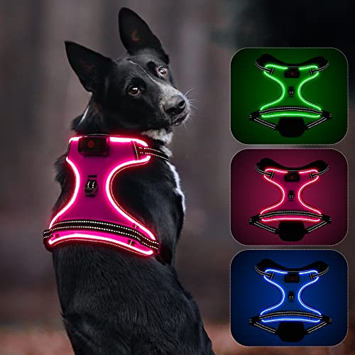Leuchtendes Hundegeschirr, Colaseeme Anti Zug Hundegeschirr mit Reflexstreifen und Kontrolle Verstellbar Geschirr, LED Hundegeschirr Wieder, aufladbares Beleuchtetes Hundegeschirr, Rosa S