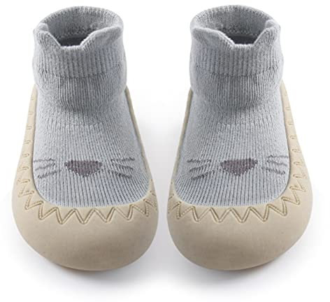 Exemaba Baby Sockenschuhe Rutschfeste Niedlicher Cartoon Weicher Stricken Babybodenschuhe Kleinkind Schuhe 1-Paar(Blaue Katze,Tag21/ 6-12M)