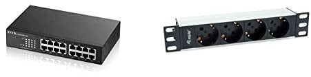 Zyxel 16-Port Gigabit Ethernet Unmanaged Switch - Design ohne Lüfter [GS1100-16v3] & Equip 333311 Steckdosenleiste 10(1HE) 4fach Schuko.CEE 1,8m