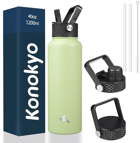 Konokyo Vacuum Insulated Water Bottle with Straw 3 Lids Stainless Steel Water Bottle Macaroon Green 40 oz