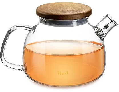 Impolio Teekanne mit Siebeinsatz, Teekanne Glas mit Holzdeckel, Hitzebeständiges Borosilikat Glas, Teekanne mit Edelstahl Sieb, Teekannendesign, Teeservice, Teapot (580ml)