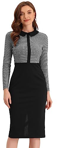Allegra K Business Dress for Women's Houndstooth Print Long Sleeve Contrast Placket Bodycon Dress with Belt Black M