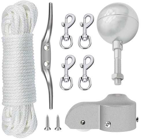 NQ Flag Pole Repair Parts Kit with 50 Feet Nylon Flag Pole Rope, 4 Pcs Flag Pole Swivel Snap Clips, Flag Pole Truck with Pulley, Flag Pole Top Silver Ball, Cleat, Flagpole Accessories Tool Kits