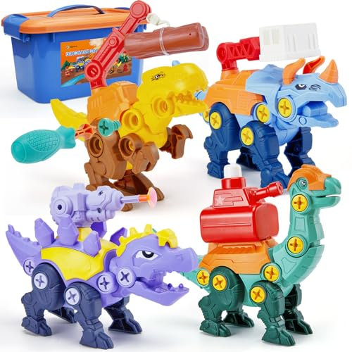 Japace Dinosaurier Spielzeug ab 3 4 5 6 Jahre, 4 Montage Dino Figuren Feuerwehr Spiel mit Schraubendreher, Dinosaur Geschenke für 3 4 5 6 7 Jungen Mädchen