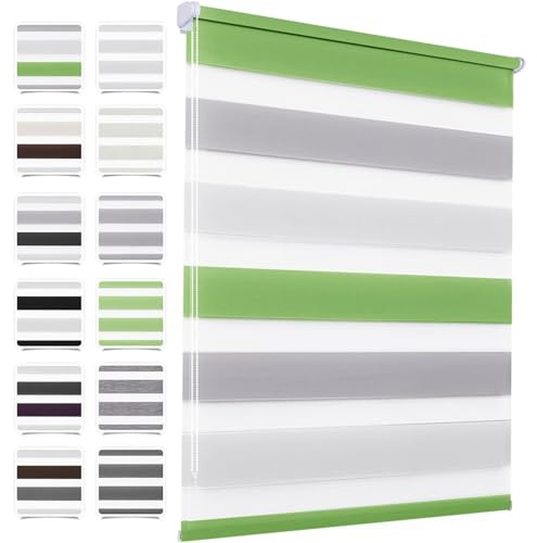 MupFup Doppelrollo Klemmfix ohne Bohren 115x110cm(BxH) Grün-grau-weiß,Rollo mit Lichtdurchlässig und Verdunkelnd/Höhe Stufenlos Verstellbar für Schlafzimmer,Badezimmer,Wohnzimmer Fenster und Tür