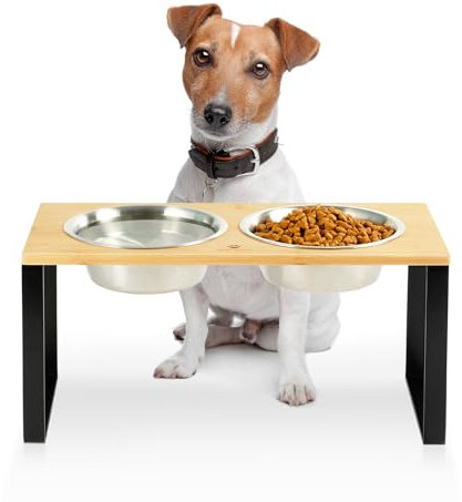 GUUSII HOME Porte Gamelle Chien Surelevee Hautepour Chiens INOX Gamelles Double 900ml Facile à Assembler Durable Bois Support en Métal Antidérapant 42.5 * 20 * 20.5cm (Couleur du Bois)