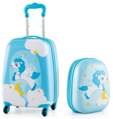 DREAMADE Valise Enfant 16 et Sac à Dos 12 avec Bandoulière Réglable Bagage à Main avec 4 Roues Universelles,Poignée Télescopique,Valise Portable Coloré Fille et Garçon(Licorne Bleu)