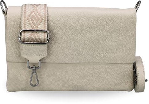 BRISE Umhängetasche Damen Echtes Leder ELISA Handgemachte Handtasche Kleine Schlanke Tasche 3 Fächer Crossbody Bag mit Ledergurt + Optionalen Breiten Gemusterten Riemen Made in Italy (Beige-3)