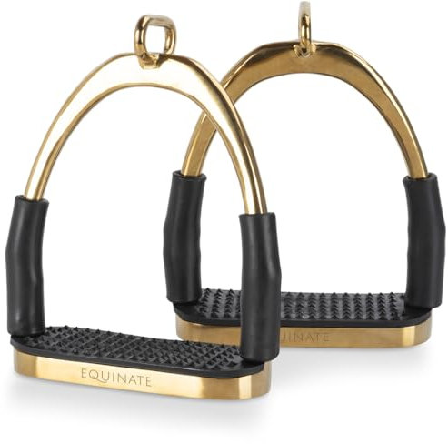 Equinate Sicherheitssteigbügel Charles 12cm Gold - Mit Anti-Rutsch Trittfläche aus Gummi - Steigbügel für Erwachsene und Kinder - Entlastet die Fußgelenke - 2 Stück
