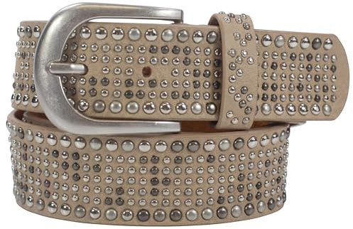 Damengürtel mit Nieten, Strass-Nieten-Besatz, Synthetikgürtel im Vintage-Style, Breite ca. 3,8 cm (Beige; BW100cm - Gesamtlänge 115cm)