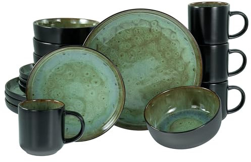 CreaTable, 20166, Serie Nordic Fjord Green, 16-teiliges Geschirrset für 4 Personen, Kombiservice aus Steinzeug, spülmaschinen- und mikrowellengeeignet, Qualitätsproduktion
