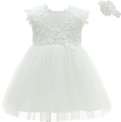 AHAHA Vestito da bambina per cerimonia e principessa, da matrimonio, da battesimo, bianco, 3 mesi