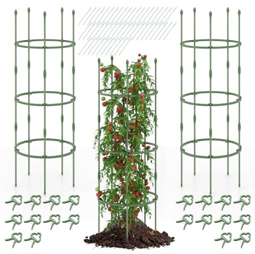 RELAX4LIFE Tomaten Rankhilfe 3er Set, 154cm hoch, 3 verstellbare Ringe, Tomatenkäfig Pflanzenstütze Metall & Kunststoff, Rankgitter für Kletterpflanzen Tomaten Blumen Gemüse (154cm hoch-3 Pack)
