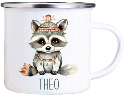 4youDesign Emaille Tasse Kinder personalisiert – Waschbär Blume – Tier Namenstasse – Geschenk für Jungen & Mädchen – Bruchsicher & Leicht – Geschenkidee zur Einschulung & Geburtstag - 300ml