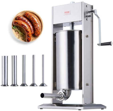 VEVOR XZ-15L 15 L / 30 LBS Vertical Sausage Machine, Dual-Speed Meat Stuffer, Made of Food-Grade 304 Stainless Steel, Includes 5 Stuffing Tubes, for Home Kitchen Restaurant Commercial, Silver