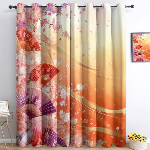 XCQHZYQ Blackout Curtains for Bedroom Japanese Cherry Blossom Fan Room Darkening Eyelet Window Curtains Thermal Insulated Curtains for Living Room, Light Blocking Drapes, 2 Panels 52 x 95 inch
