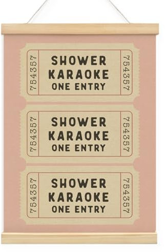 Wheatwin Vintage Shower Karaoke Pink Ticket Print, Retro Funny Bathroom Wall Art with Wooden Poster Hanger, Trendy Aesthetic Bathroom Decor, Aesthetic Wall Decor, 12x16 Inch