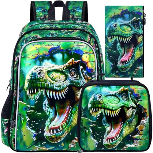 ZLYERT Mochila para niños de 16 pulgadas, 3 bolsas de libros de dinosaurio para niños pequeños en edad preescolar, mochilas para niños con lonchera, Dinosaur Green03, Talla única, Mochilas Daypack
