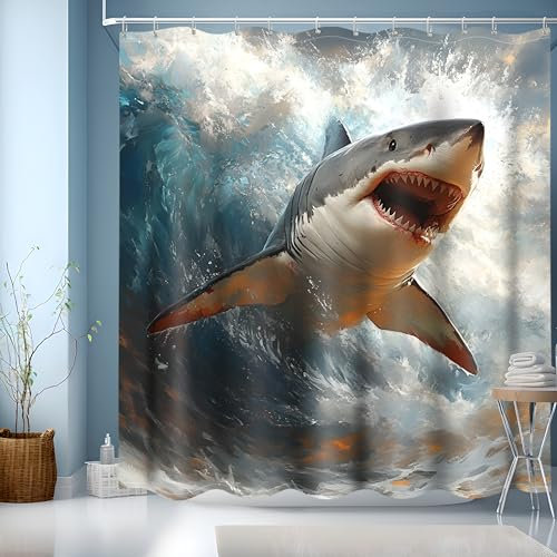 JINGYOU Duschvorhang, Duschvorhänge Textil Waschbar, Badevorhang mit Gewicht Schnell Trocknend, Badevorhang Duschvorhang für Badewanne & Badezimmer,Haimuster(180x200cm)