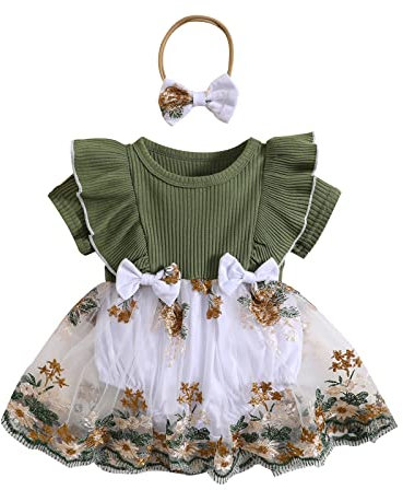 LYSINK Newborn Baby Girl Romper Dress Short Sleeve Mesh Tutu Dress Flower Lace Ruffle Jumpsuits Dress Headband 2Pcs Outfits (Ba Green, 3-6 Months)