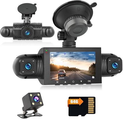 Hikity DVR 1080P Dashcam Cámara Coche para Android Autoradio Impermeable 3” Four Cámara Gran Angular 360°Tarjeta TF de 64GB Visión Nocturna Sensor G Grabación en Bucle Monitor de Aparcamiento 24H