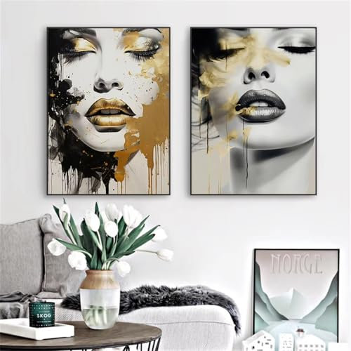 PEWFBS Abstraktes Frauengesicht-Poster, Mädchen, Wandkunst, Porträtdruck, Gold, minimalistische Wandkunst, Leinwandgemälde, modernes Schlafzimmerdekor, 21 x 30 x 2 cm, ohne Rahmen