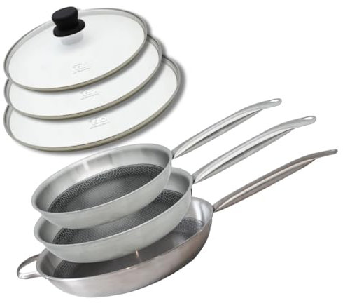 Elo 9350550 Lot de 3 Poêles 24, 28 et 32 cm en Acier Inoxydable 18-10 avec Couvercles, sans PFAS, Antiadhésive, Induction, Revêtement Antiadhésif sans PFAS, Inox, Aluminium, Gris Alu, 24, 28 et 32 cm