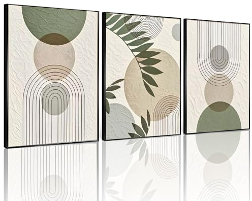 ZZTTLE 3 Stück Grüne abstrakte Drucke Bilder Boho Wandkunst Leinwand, minimalistische botanische Malerei für Wohnzimmer Schlafzimmer Badezimmer Treppen Heimdekor Unframed 30x40cm